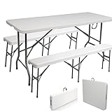 LEADZM Bierzeltgarnitur, 180cm Klappbarer Tisch und 2X Klappbare Bänke, Metallgestell, Tragbar und Leicht zu Reinigen, Geeignet für Partys, Picknicks, Camping, Grillfeste, Garten,Drinnen und Draußen