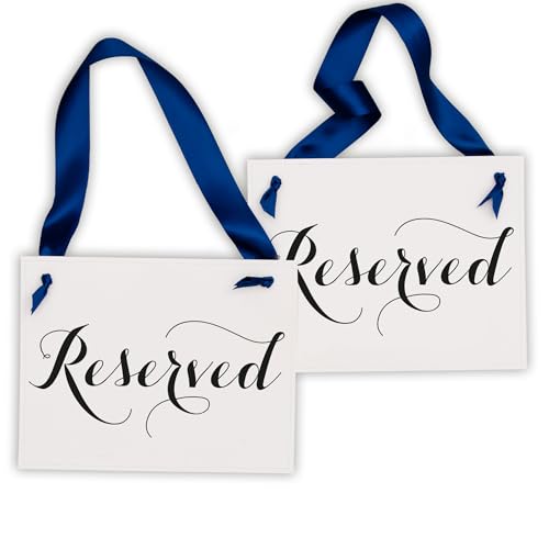 Ritzy Rose 2 Reserved Chair Signs for Wedding Ceremony, Reception or Event Seating Arrangement for Family or VIPs - 11x8.5 in Decorative Sign Black Font on Ivory Linen Cardstock Paper with Blue Satin Ribbon