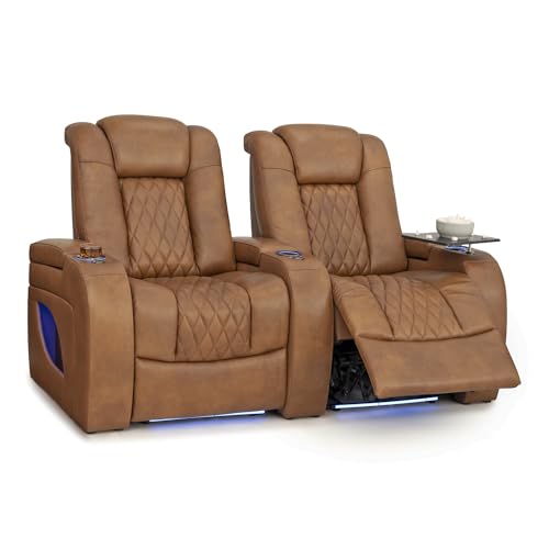 Image of Seatcraft Virtuoso LT Tawny Italian Leather Home Theater Seating, Zero Gravity Power Recliner, Powered Headrest and Lumbar Gaming and Home Office Chair, Heat and Massage Lounge Sofa, Row of 2