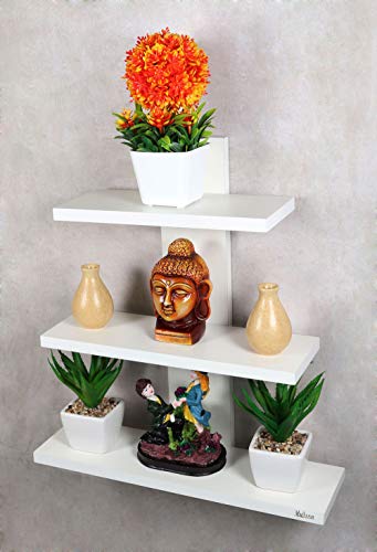 Image of Madhuran Engineered Wood Wall Mounted Home Decor Books Shelf Racks (Tier 3, White) / Living Room Bedroom Bathroom Office Study Storage Shelves Furniture Self