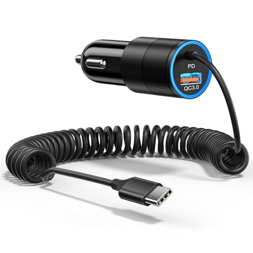 Car Charger USB C,38W Super Fast Car Adapter with PD 3.0 Bulit in 3.5FT USB C Coiled Cable,Car Phone Charger Fast Charging Compatible with iPhone 16/15 Pro Max,Galaxy S25/S24/S23 Note 20/10,Pixel