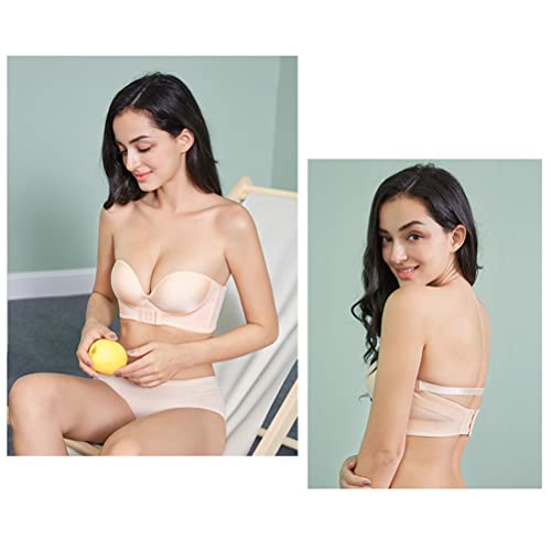 Strapless Front Buckle Lift Bra - Women Push Up Invisible Wire Free Plunge Bra Beige #TOP2