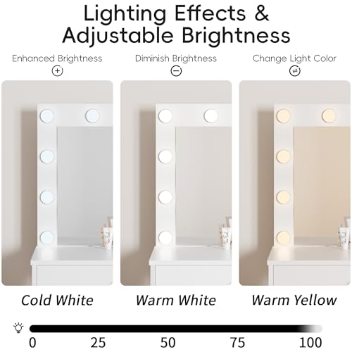JUMMICO 35.4'' Vanity Desk with LED Lighted Mirror &Power Outlet, Makeup Vanity Table with 4 Large Drawers and 3 Storage Shelves, 3 Model Adjustable Lights for Bedroom & Dressing Room (White) - Thumbnail 5