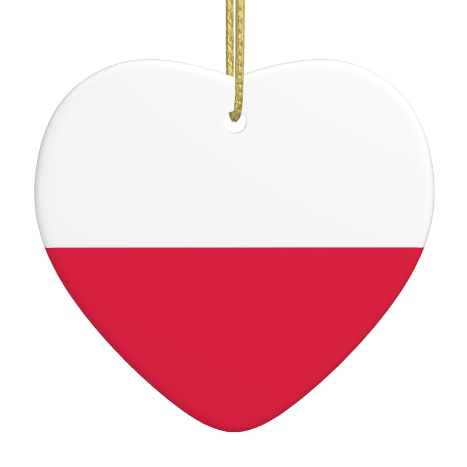 Polish Flag Ceramic Christmas Heart Pendant with Silk Thread, Christmas Tree Home Decoration