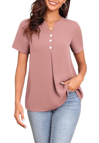 Askyes Womens Chiffon Blouses 2024 Plus Size Henley Shirts V-Neck Work T-Shirts Tops for Women,Pink,3XL — view 5