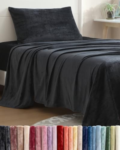 Image of Fleece Sheets Twin XL Size Set - 3-Piece Velvet Flannel Sheet Set - Black