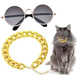 Sunglasses and Gold Chain, Sunglasses for Cats Dog, Cat Costume Decorations, Classic Retro Cat Outfits, Lovely Style Puppy Retro Sunglasses