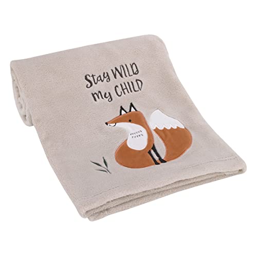 Image of Little Love by NoJo Woodland Meadow Taupe and Tan, Fox Stay Wild My Child Super Soft Applique Baby Blanket