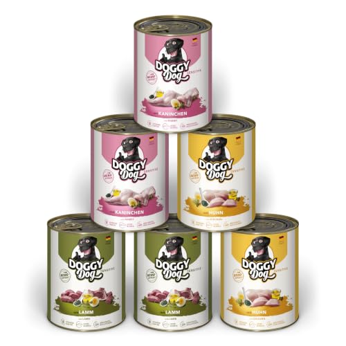 DOGGY Dog Paté Mix Sensitive, 6 x 800 g, Nassfutter für Hunde im Probierpaket, Hundefutter getreidefrei mit Lachsöl und Grünlippmuschel, besonders gut verträgliches Alleinfuttermittel, Made in Germany