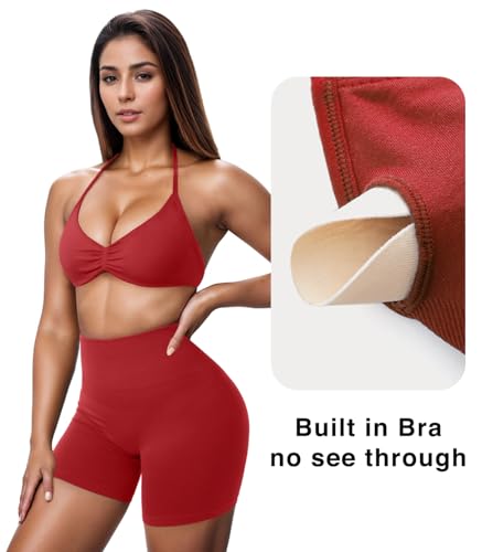 Image of OMKAGI Halter Sports Bras for Women Padded Strappy Bra Open Back Workout Gym Crop