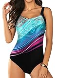 Dokotoo Damen Badeanzug Drucken Einteiliger Schwimmanzug Sport Bauchweg Bademode Swimsuit, himmelblau, M
