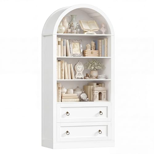 FirFurd Bibliotheque Meuble de Rangment avec 2 Tiroirs 4 Etagère Bibliotheque Livre en Forme d'arc Bibliotheques pour Salon Bureau Cuisine 177x79,5x36cm Blanc