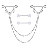 VERAMI 14G 316L Double Chain Connecting Heart CZ Nipple Rings Stainless Steel Angel Wings Nipple Piercing Barbell Body Pierced Jewelry for Women