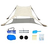 Cuupo Strandzelt 2x2.1 m Pop-Up LSF 50 Sonnenschutz, Anti-Wind Strandmuschel mit Eisen Stabilitätsstangen Sandsäcke Tragbarer Sonnenschutz Strand Hinterhof Camping Reise Koffertauglich Khaki Streifen