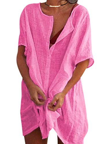 Colisha Womens Short Sleeve Linen Tops Casual V-Neck Button-Down Blouse Long Shirts Loose Plus Size Tunic L Pink