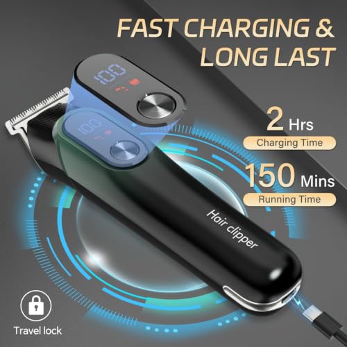 Image of 5-in-1 Beard Trimmer for Men, Hair Clippers Grooming Kit, Cyan | 150Mins Working Time, USB-C Rechargeable, LED Display for Face, Mustache, Body, Ear, Nose Hair Trimmer