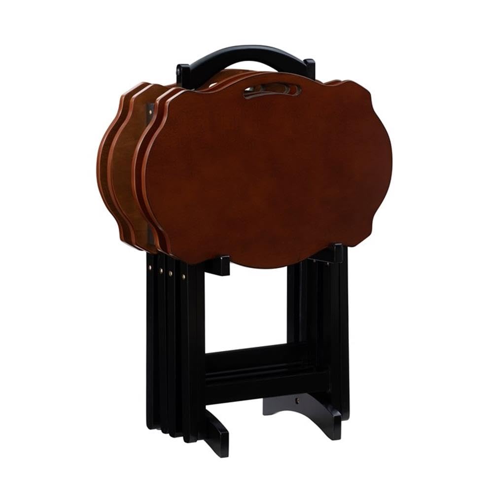 Pemberly Row Traditional 5-Piece Okume Veneer and Solid Wood Tray Table Set with Base and Curvy Shaped Trays in Hazelnut and Black