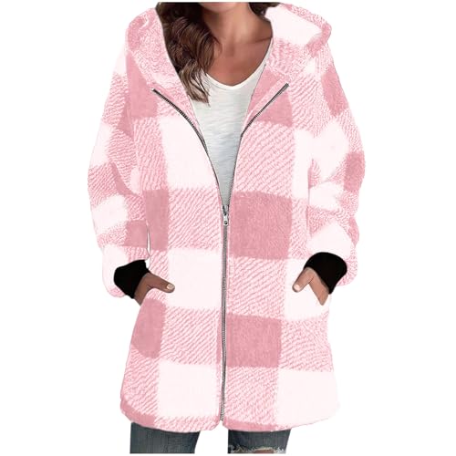 SHOPESSA Fleece Jacket Women Retro Casual Plaid Hooded Coat Thick Warm Zip Up Hoodie Fall Winter Outerwear