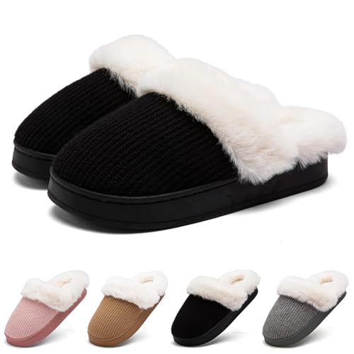 Women's Fuzzy House Slippers Comfy Memory Foam Bedroom Slippers Warm Knit Fluffy Plush Slip-on House Shoes Indoor Outdoor（B777Black11-12