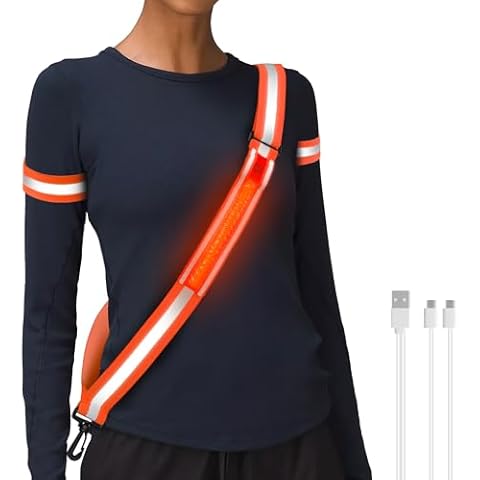 HENMI LED Reflective Belt Sash with Two Arm Reflective Tapes,3 Light Modes Adjustable Length Rechargeable Reflective Running Gear for Men Women Running Cycling Walking and Dog Walking（Orange） Cover