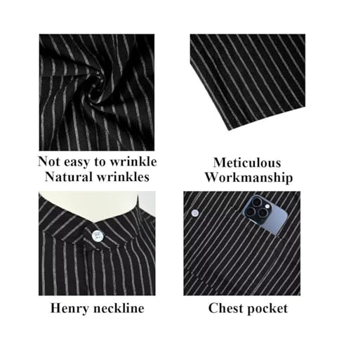 BAYAMO Men's Banded Collar Stripe Shirt, Linen Cotton Mandarin Collar Long Sleeve Button Down Shirts Collarless Tops(Black, L) - image 4