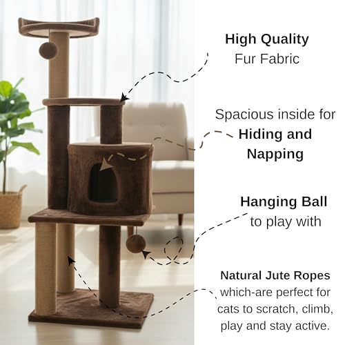 Image of Soft Fur Activity Scratching Post /Cat Tree for Kittens & Cats - Natural Sisal Rope Triple Platform Tower (Height 43 Inch) (Brown -3FLOOR)