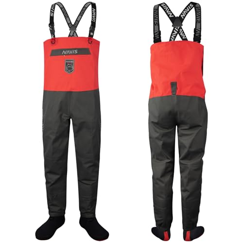 NAVIS MARINE Mens 4-Layer Waterproof Stockingfoot Chest Waders Breathable Adjustable Bib Pants for Fishing & Hunting(Red XS)