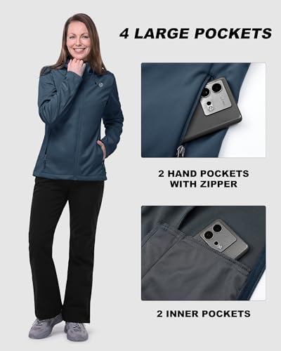 Outdoor Ventures Damen Wasserdichte Softshelljacke Winddichte Übergangsjacke mit Kapuze Leichte Sportjacke Funktionsjacke zum Radfahren, Wandern, Nachtsblau 38