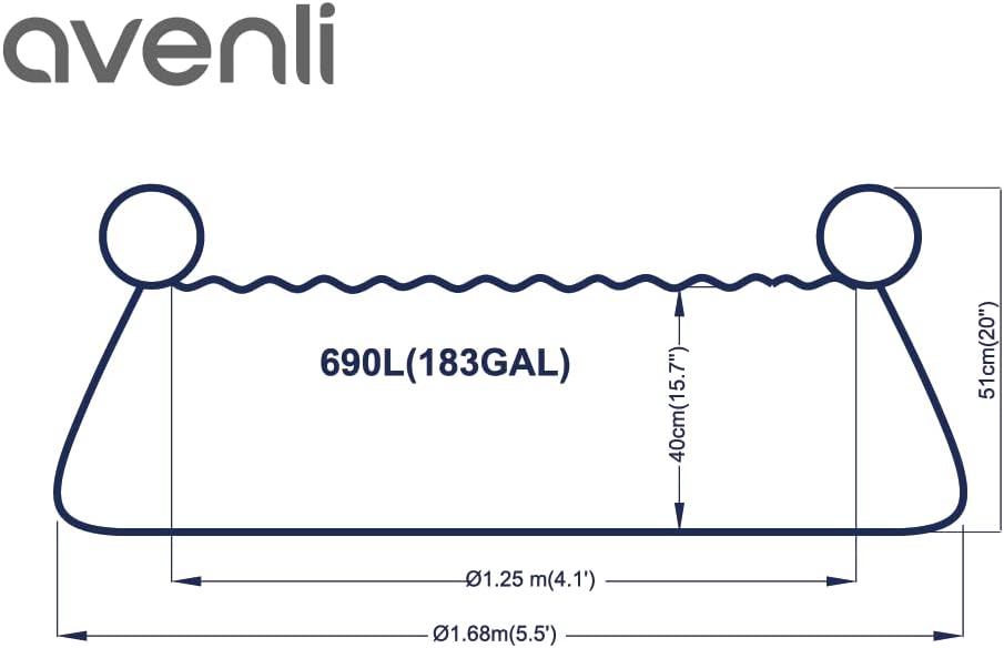 Diagram showing pool dimensions and water capacity