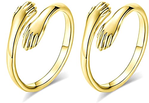 Youehsent 2 Pcs Fashion Love Hug Hand Rings 925 Sterling Silver Hug Rings Adjustable for Men and Women Granddaughter Party Rings Gift (Gold) Cover