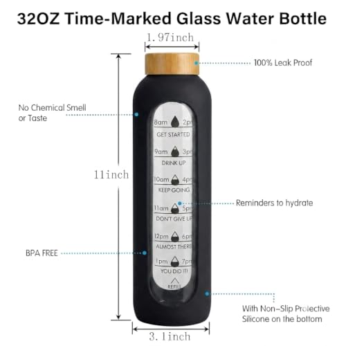 Image of Glass Water Bottle 1 Ltr with Protective Silicone Cover Borosilicate Glass Airtight, Leak-Proof Bamboo Lid,BPA-Free, Eco-Friendly,Reusable for Gym /Travel /Office /Home |Time Marker, Motivational (BLACK)