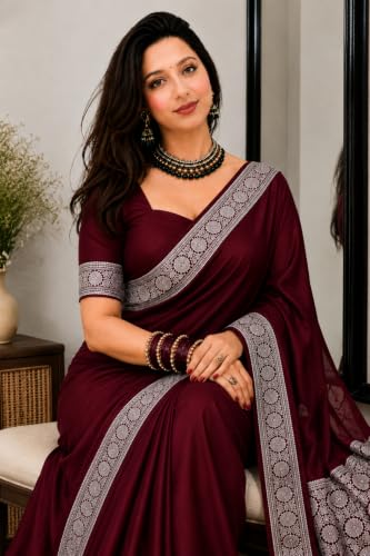 Image of Women's Glory Banarasi Satin Kanjivaram Saree Silver Zari Border Pure Soft Blend Silk Sari Kanchipuram Paithani Silk Party Wedding Festive New Ladies Sadi with Unstiched Blouse Piece.