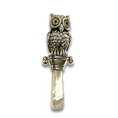 Victorian Style Owl Baby Rattle with Glass Eyes and Mother of pearl Handle
