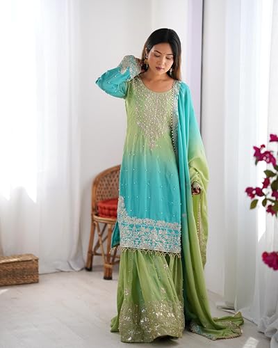 Image of Pandadi Saree Women's Chinon Silk Embroidery Kurta Sharara Set With Dupatta.