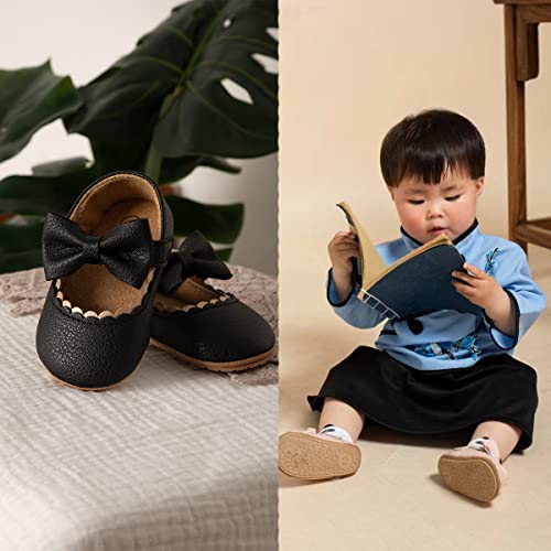 Oamico Infant Baby Girls Mary Jane Flats Non Slip Rubber Sole With Bownot Toddler First Walkers Princess Wedding Dress Shoes A-Black #TOP2