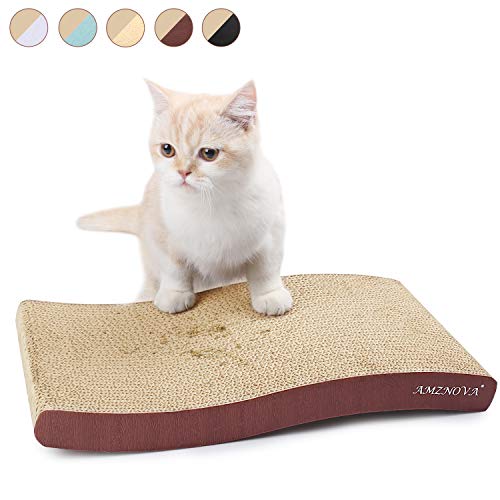 AMZNOVA Reversibel Kratzbrett mit Katzenminze S-gebogen Katzenkratzer Wende-Katzenkratzkarton Katzenkratzkissen Kratzmatte Katzenspielzeug Kratzpads, Holz Braun