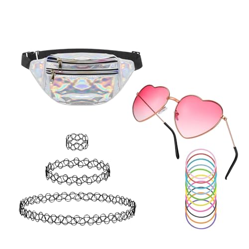 ZXJLWR 15-StüCk 90er Jahre Outfit Damen,90er Jahre Outfit Damen, Malle Accessoires,Csd Outfit Damen Festival Outfit Damen, Bauchtasche Damen Silber, Herzbrille Rosa, Tattoo Kette 90s,Modeartikel