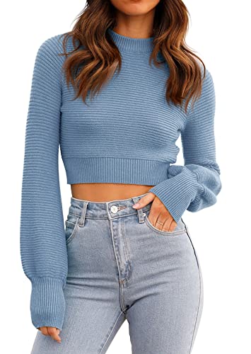 Womens Sexy Cropped Sweaters Pullover Long Sleeve Ribbed Knit Crop Jumper Tops Blue