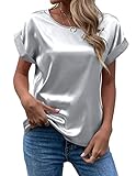 Chigant Short Sleeve Tops for Women Dressy Casual Satin Blouses Round Neck Silk Shirts(Light Grey,X-Large)