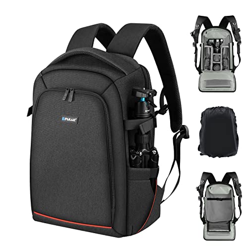 PULUZ Outdoor Portable Camera Bag, Waterproof Travel DSLR Camera Backpack Large Capacity Photo Backpack Men Women Laptop Tablet Backpack for Digital Camera, Lens and Tripod with Rain Cover