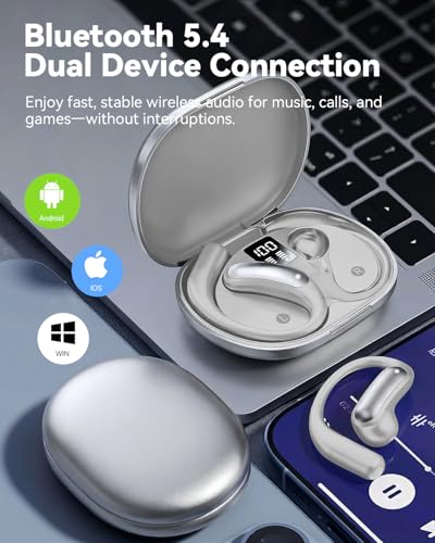 Wentronic Open Ear Headphones, Wireless Earbuds Bluetooth 5.4 with Digital Display, Secure Earhook, 48H Playtime, Enhanced Sound, Clear Calls, IP55 Waterproof Ultra-Light Sports Headphones - Silver — view 3