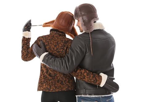 Image of Leather Aviator Shearling Ushanka Trapper Hat Russian Sheepskin Cap Real Fur Winter Hat with Ear Flaps for Men Women