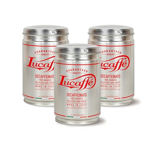 Lucaffé - 3 Latas de cafe molido Decaffeinato, 250 Gr | Cafe molido espresso descafeinado para cafetera italiana | Tueste oscuro | Sabor dulce y afrutado, cremoso | Aroma intenso