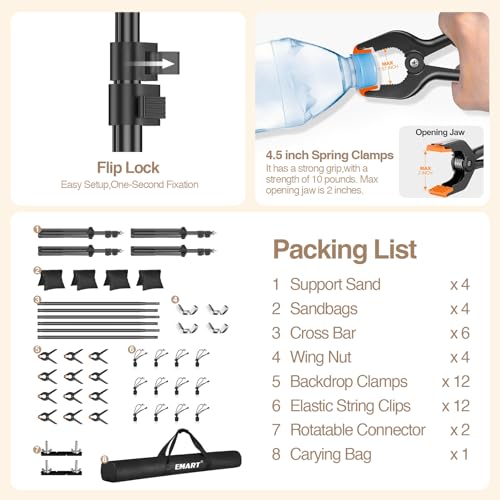 EMART Backdrop Stand, 30x7ft(WxH) Large Adjustable Background Support System with 308° Angle Rotatable Connector, 12 Clamps, 4 Sandbags and Carry Bag for Paties, Wedding, Photography Studio, Video by EMART - Used condition - Image 7