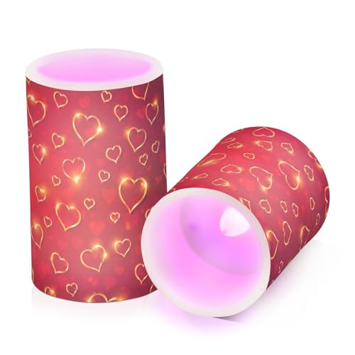 Image of Valentines Lights Flameless Candles Valentines Glden Red Hearts Pillar Candles Set of 2 Battery Operated Remote Control Warm Lights Home Decor