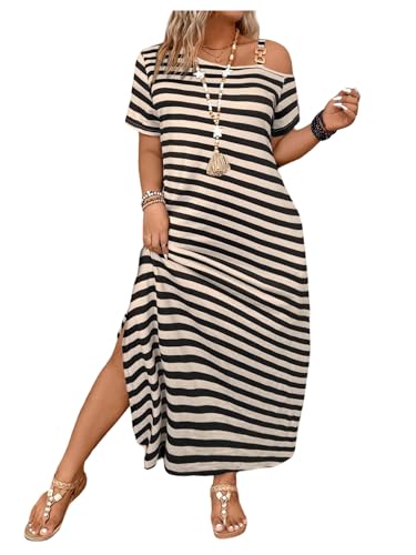 Floerns Women's Plus Size Striped Asymmetrical Neck Dress Short Sleeve Slit Maxi Dresses