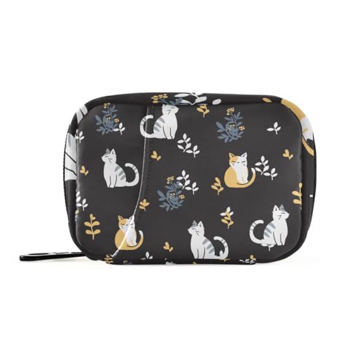 Akiraki ピルケース 薬ケース お薬入れ 小分け 携帯用 コンパクト ネコ 猫 ねこ 葉 黒 ブラック かわいい お薬収納ポーチ 大容量 小物入れ サプリメントケース 常備薬 飲み忘れ防止 旅行 アウトドア 出張