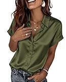 Zeagoo Silk Tops for Women Short Sleeve Satin Blouses Trendy Button Down Shirts Dressy Fashion Clothing Summer Outfits Army Green