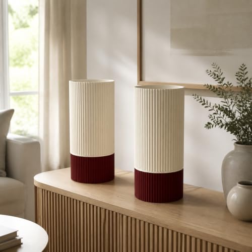 Nocta design Stria – Lot de 2 Lampes de Table Polyvalente Fabriquée en France, Abat-Jour en PLA et Base en Plâtre, Culot E14 LED 10 W, Câble avec Interrupteur 1,2 m, Ø 10 × H 22 cm - Rouge