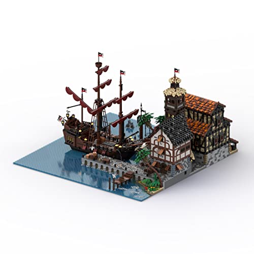 AKMD MBKE Modular Haus Bausteine, MOC-114510 Port Sauvage Pirate Town Architektur Modell mit Piratenschiff, Kompatibel… – Bild 4